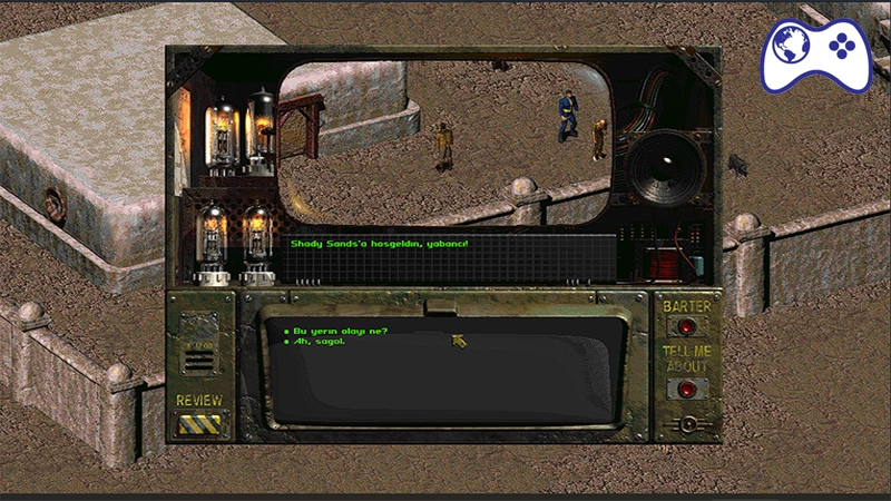 Fallout 1 Shady Sands bölgesi Türkçe diyalog ve soru cevap ekranı