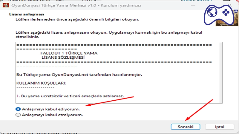Fallout 1 Türkçe yama kurulum yardımcısı ve lisans sözleşmesi ekranı
