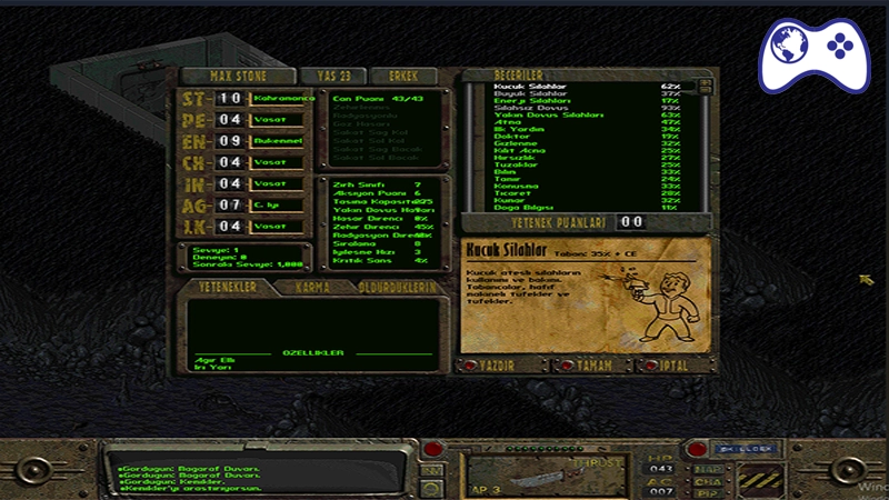 Fallout 1 Türkçe karakter oluşturma, yetenekler (Skills) ve istatistik (SPECIAL) ekranı.