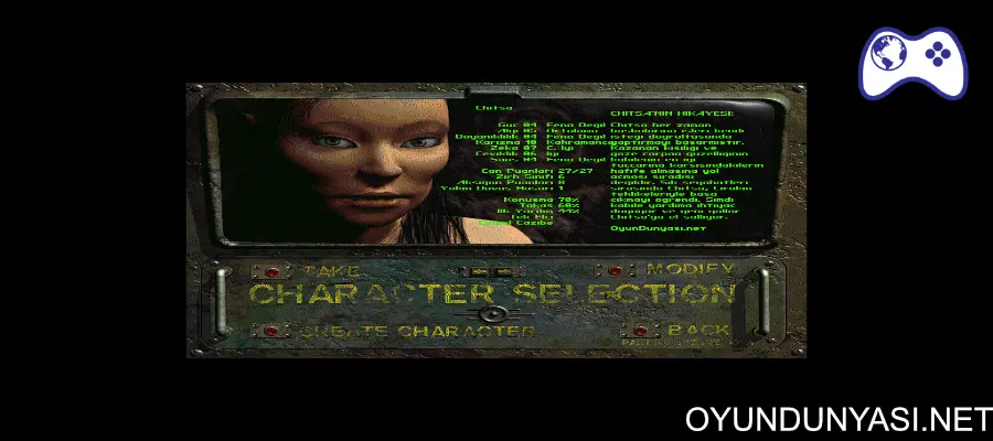Fallout 2 Türkçe Yama - karakter oluşturma ekranında SPECIAL istatistikleri Türkçe olarak görünüyor