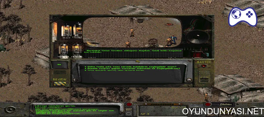 Fallout 2 Türkçe Yama kurulumu başarıyla tamamlandı - oyun içi Türkçe metin görünümü