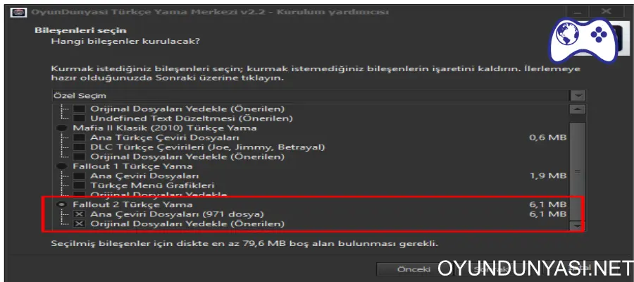 OyunDünyası Türkçe Yama Merkezi programında Fallout 2 seçimi