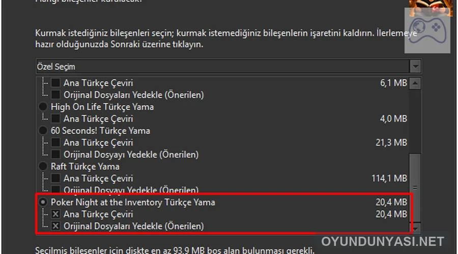 OyunDunyasi Turkce Yama Merkezi programinda Poker Night at the Inventory secili kurulum ekrani